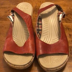 Red leather sling back 3inch wedge crocs- size 10